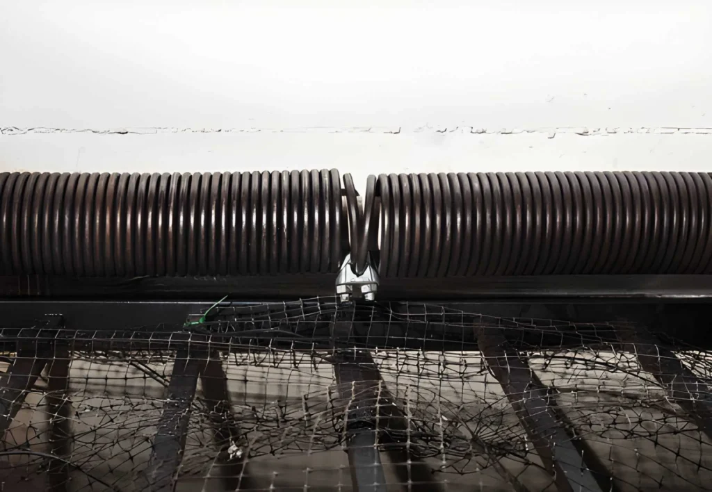 Technician inspecting damaged coils during Garage Door Spring Replacement